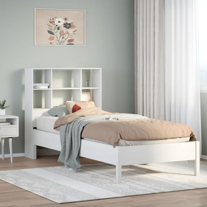 vidaXL Pat cu bibliotecă fără saltea, alb, 90x200 cm, lemn masiv pin 3322880