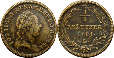 1781 B (Kremnica), &amp;frac12; kreutzer - Iosif al II-lea - Arhiducatul Austriei foto