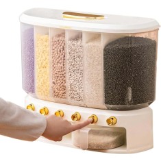 Dispenser dozator de stocare cereale, crupe, seminte,Koken, 6 compartimente, Inaltime 36 cm, Alb