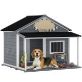 PawHut Casuță din Lemn de Exterior pentru C&acirc;ini, Cușcă pentru C&acirc;ini cu Terasă, Fereastră și Acoperiș Impermeabil, 124x112x105 cm, Gri | Aosom Romania
