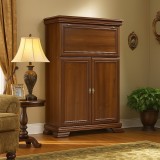 Comoda living VM5, o usa rabatabila pentru bar, 2 usi fixe, Pal Melaminat, cu elemente din MDF, Nuc