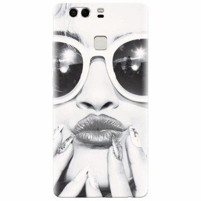 Husa silicon pentru Huawei P9, Black And White Portrait Blonde Model In Fashion Sunglasses foto