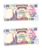 2 x Bancnota Zambia 50 kwacha 1986-1987, serie consecutiva, aUNC