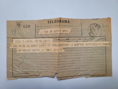 Telegrama condoleante Emil Isac catre familia Teodor Botis (1873-1940), Arad, 1940! foto