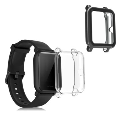 Set 2 Huse pentru Xiaomi Amazfit Bip / Amazfit Bip Lite, Silicon, Negru / Transparent, 54037.01 foto