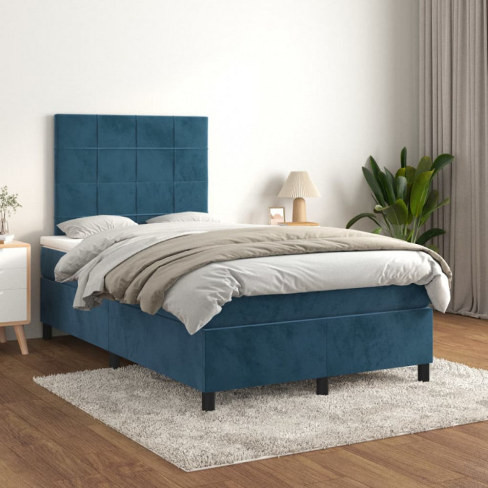 vidaXL Pat box spring cu saltea, albastru &icirc;nchis, 120x200 cm, catifea