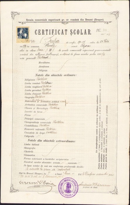 A1909 Certificat școlar semnat olograf de Arseniu Vlaicu și Andrei B&acirc;rseanu, 1916, Brașov