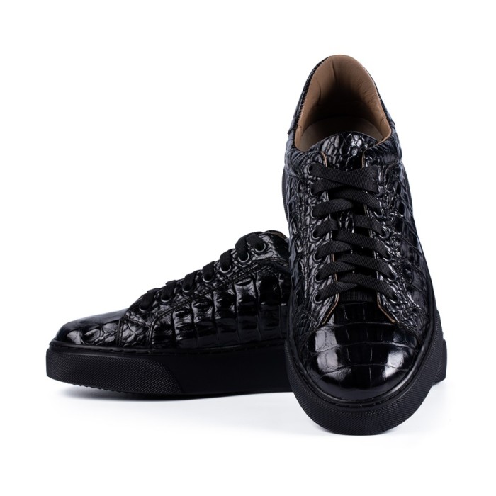 Sneakers bărbătești din piele croco neagră, semilucioasă SK19