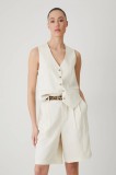 Medicine pantaloni scurți din amestec de in femei, culoarea bej, neted, high waist