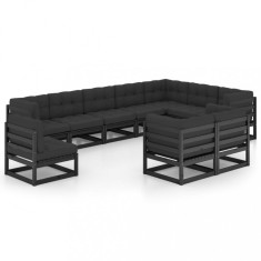 vidaXL Set mobilier grădină cu perne, 10 piese, negru, lemn masiv pin 3076868