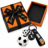 Breloc fotbal alb-negru cu minge 3D si pandantive decorative, curea flexibila, cutie cadou