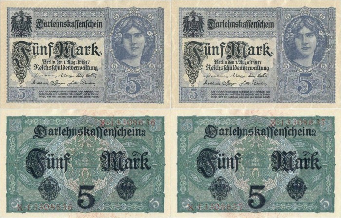 2 x 1917 ( 1 VIII ) , 5 mark ( P-56b/1 ) - Germania - stare UNC