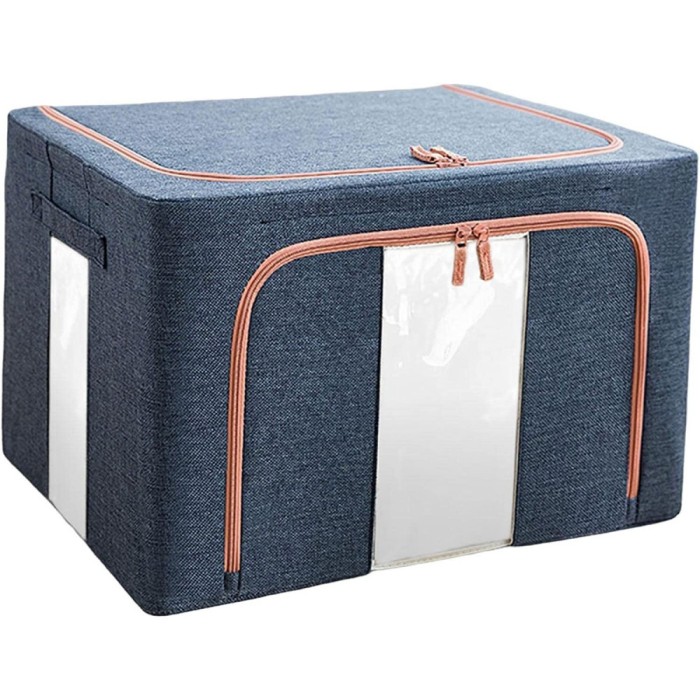 Cutie de depozitare pliabil&Auml; premium, 24l, textil rezistent, cadru metalic, fermoar dublu, ferestre vizuale, 40x30x20 cm, albastru marin