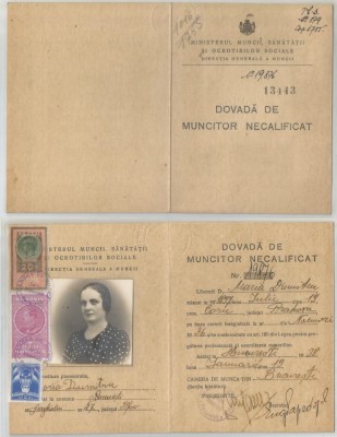 Romania, Ministerul Muncii, Sanatatii si Ocrotirilor Sociale, Dovada de muncitor necalificat, Bucuresti, 1938 foto