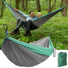 Hamac dublu pentru camping, 260x140 cm, sarcina maxima 150 kg, cusaturi triple, husa depozitare foto