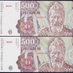 Bancnota Romania 500 Lei aprilie 1991 - P98b UNC ( set x2 consec., nr. mic )