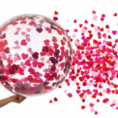 Balon transparent confetti inimioare rosii, diametru 18 inch, latex foto