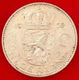 (A888) MONEDA DIN ARGINT OLANDA - 1 GULDEN 1958, REGINA JULIANA, 6.5 GRAME, PURITATE 720, Europa