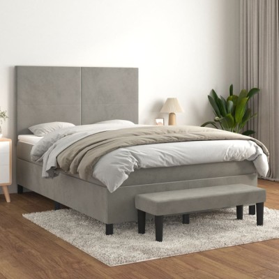 vidaXL Pat box spring cu saltea, gri deschis, 140x200 cm, catifea 3137725 foto