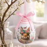 Decoratiune Ou din Spuma, 10 cm, Alb, cu Model Floral si Iepuras, CMCLASS
