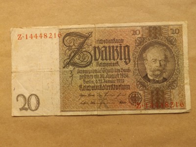 Germania 20 Reichsmark 22.01.1929. - Underprint letter X , Seria Z 14448216 foto
