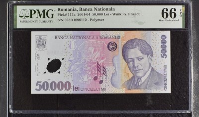 50000 lei 2002 PMG66 UNC bancnota gradata foto