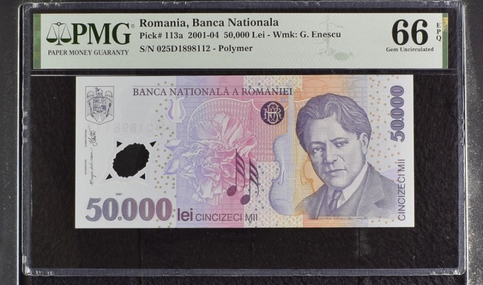 50000 lei 2002 PMG66 UNC bancnota gradata