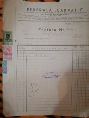 Factura 1941 Federala Carpatii, Brasov, Treiscaune, Ciuc, Odorhei, timbre regale foto