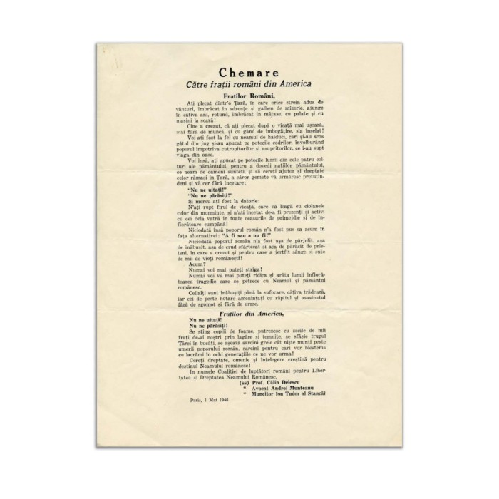 &bdquo;Chemare către frații rom&acirc;ni din America&rdquo;, afiș de propagandă, 1 mai 1946