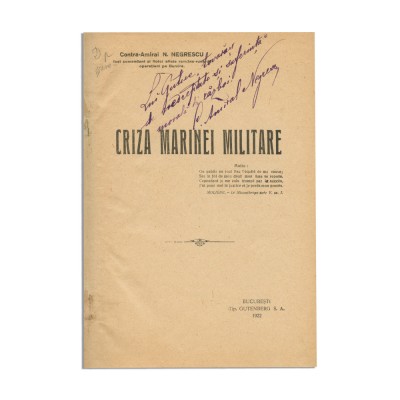 Contra-Amiral N. Negrescu, Criza marinei militare, 1922, cu dedicația autorului foto