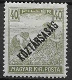Timbru Ungaria 1918-1919 Recoltă Secerători Supratipărit K&Ouml;ZT&Aacute;RSAS&Aacute;G 40 Fill&eacute;r Neștampilat - A007