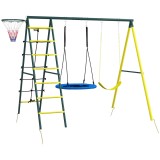 Outsunny Leagăn pentru copii 4 &icirc;n 1 cu Leagăn tip Cuib și individual Plasă de cățărat Coș de baschet Scară Galben | Aosom Romania