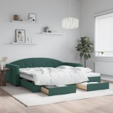 vidaXL Pat de zi cu extensie și sertare verde &icirc;nchis 100x200cm catifea