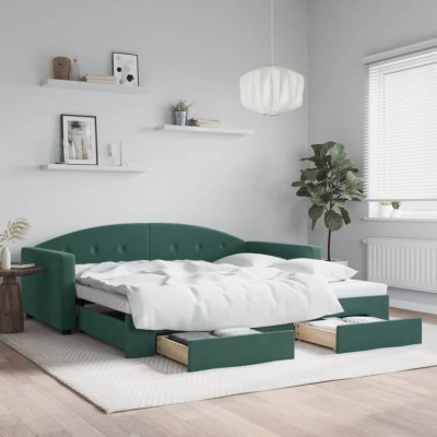 vidaXL Pat de zi cu extensie și sertare verde &amp;icirc;nchis 100x200cm catifea 3197358 foto