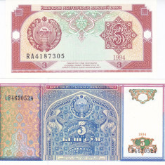 Bancnota Uzbekistan 3 si 5 Sum 1994 - P74/75 UNC ( set x2 )