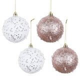 Globuri de Craciun, albe + roz, 31192015, 8 cm, plastic, rotunde, set 4 bucati
