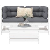 Set Canapea Gradina 3 Piese Lemn Masiv Pin Alb, Coltar + Taburet, Modular