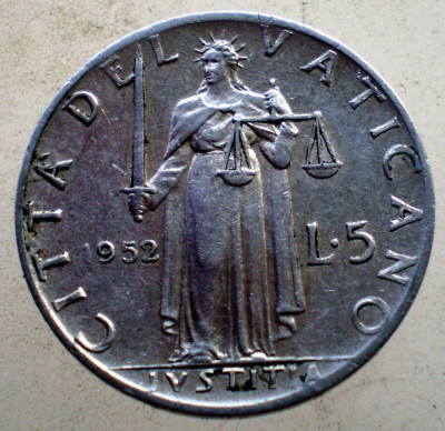 7.003 VATICAN PAPA PIUS XII IUSTITIA 5 LIRE 1952 foto