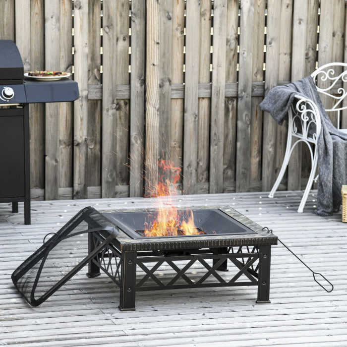 Outsunny Brazier de Gradina cu Capac pentru Arestarea Scanteilor si Grila pentru Gratar