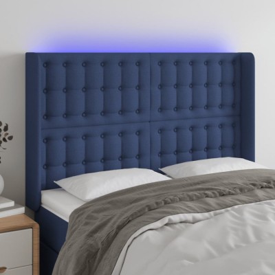 vidaXL Tăblie de pat cu LED, albastru, 147x16x118/128 cm, textil 3124486 foto