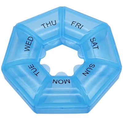 Cutie rotunda pentru organizare medicamente, vitamine sau suplimente pentru o saptamana, Pufo Pill, 9 cm, albastru foto