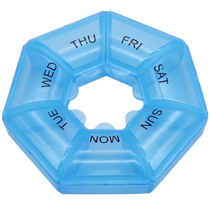 Cutie rotunda pentru organizare medicamente, vitamine sau suplimente pentru o saptamana, Pufo Pill, 9 cm, albastru