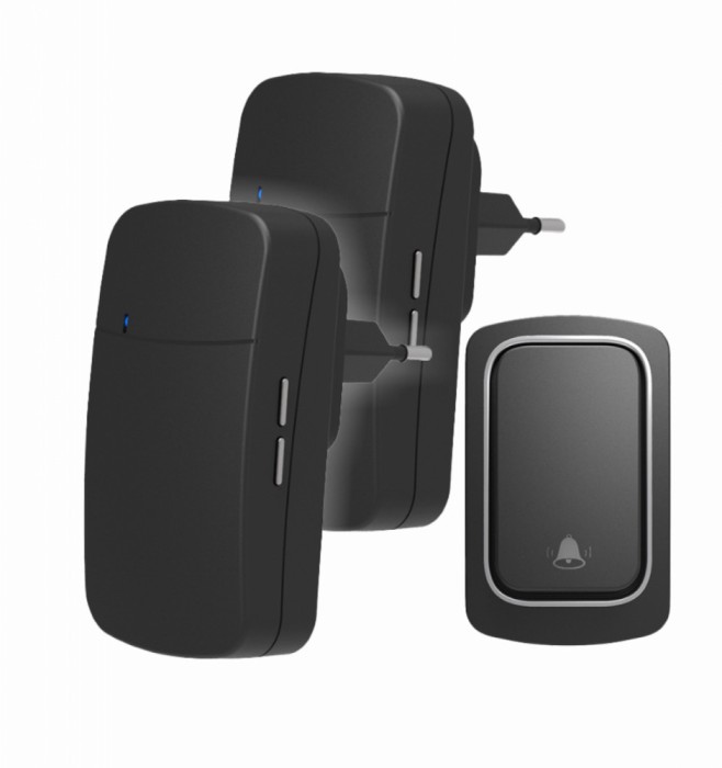 Sonerie fara fir si fara baterie 1 transmitator- comutator cinetic (1 buton) si 2 receptoare negre ( 2 sonerii) la priza , 38 melodii, distanta 150m.