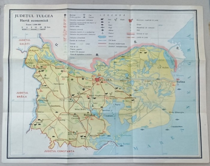 JUDETUL TULCEA , HARTA FIZICA / HARTA ECONOMICA PE VERSO , SCARA 1 : 400.000 , 1986