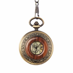 Ceas de buzunar Gorben skeleton cu insertie aspect lemn si lant Mecanic Vintage