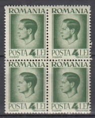 ROMANIA 1945/1947 LP 187 REGELE MIHAI I - UZUALE HARTIE ALBA EROARE PUNCT PE I DIN LEI DREAPTA JOS BLOC DE 4 TIMBRE MNH