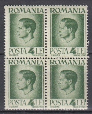 ROMANIA 1945/1947 LP 187 REGELE MIHAI I - UZUALE HARTIE ALBA EROARE PUNCT PE I DIN LEI DREAPTA JOS BLOC DE 4 TIMBRE MNH foto