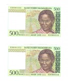 2 x Bancnota Madagascar 500 francs 1996-2004, serie consecutiva, stare buna