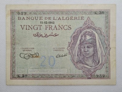 20 franci 1942 Algeria, seria K.30 939, stare bună foto