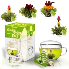 Set cadou ceai infloritor Creano Teelini, cana sticla 200 ml cu capac, 8 plicuri ceai verde